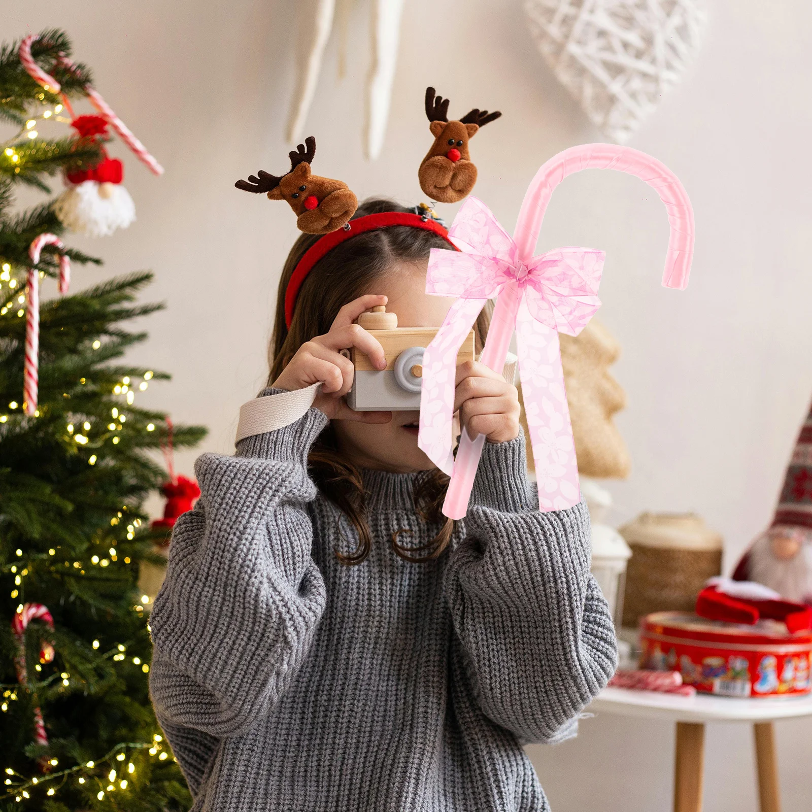 Bow Decorated Cane Kids Christmas Valentine Party Role Plastic Dance Stick Costume Crutches Fancy Walking Theatrical