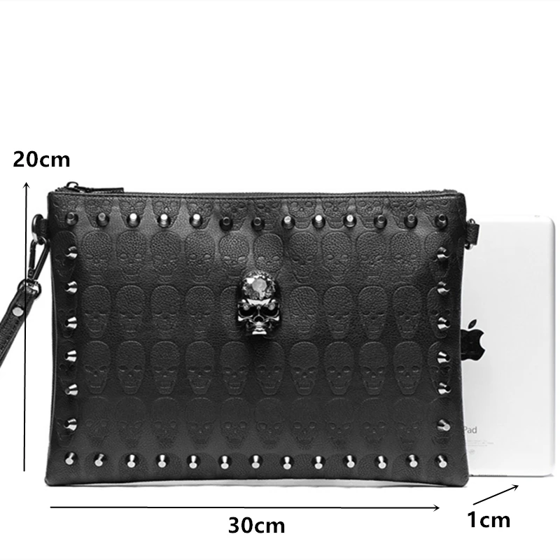 3D Skull Rivet Men\'s Clutches Fashion Clutch Bag Street Style Envelope Bag Skull Clutch Hand Bag Purse High Capacity Wallet Bag