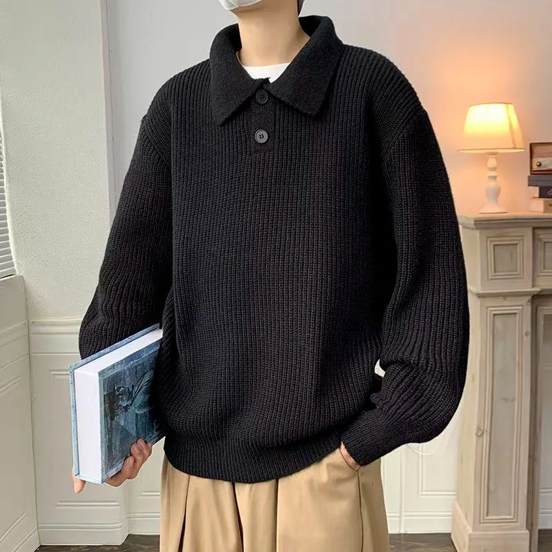 

Осенне-зимний свитер с лацканами, мужской свободный и модный гонконгский стиль, универсальный однотонный свитер с длинными рукавами и лацканами, топ, джек