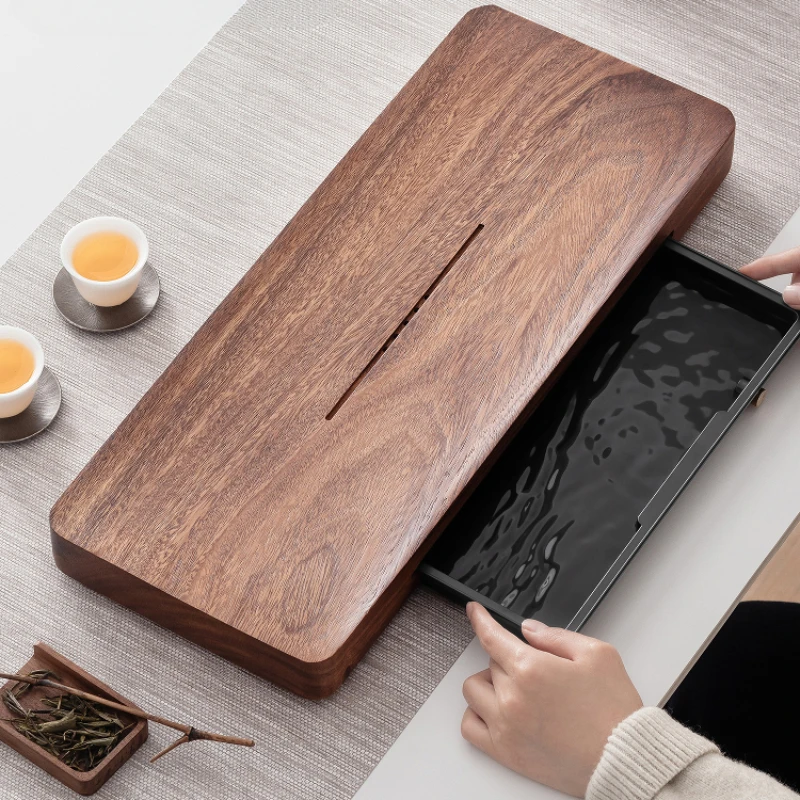 Walnut Chinese household tea tray Dry brewing tray Drawer type Small Solid wood pot bearing coffee table
