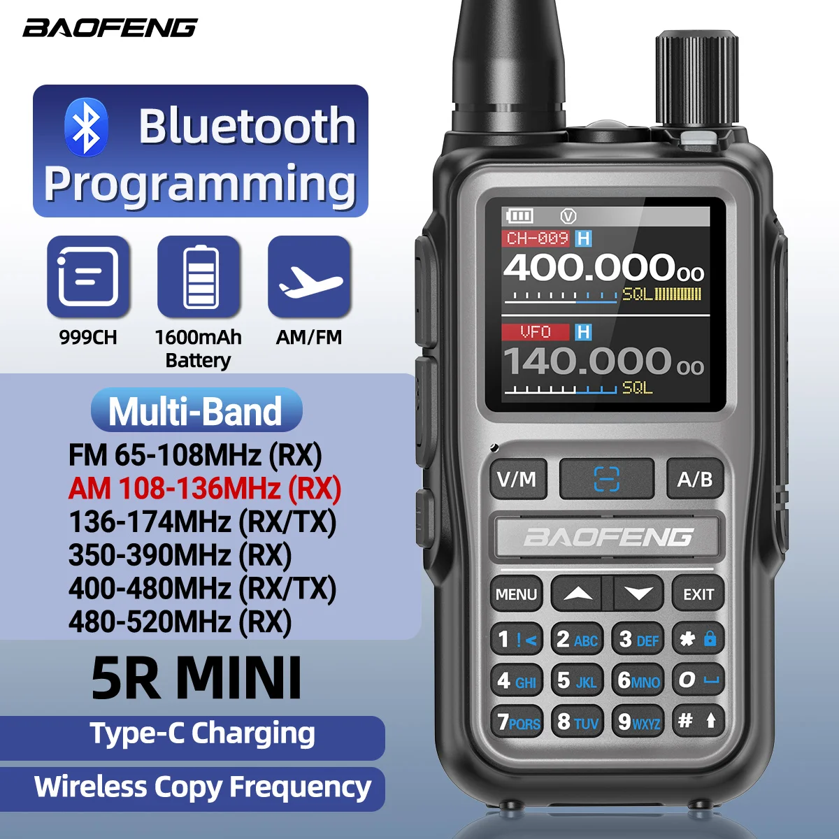 

Baofeng UV-5R Mini Walkie Talkie Bluetooth APP Programming Multi Band 999CH Wireless Copy Frequency Dual PTT Type-C Ham Radio