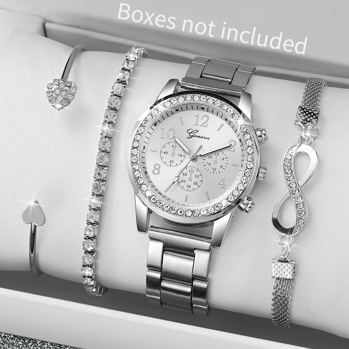 4 قطعة/المجموعة ساعة نسائية موضة حجر الراين العربية الهاتفي الصلب الفرقة ساعات كوارتز أساور مجموعة (بدون صندوق) #2