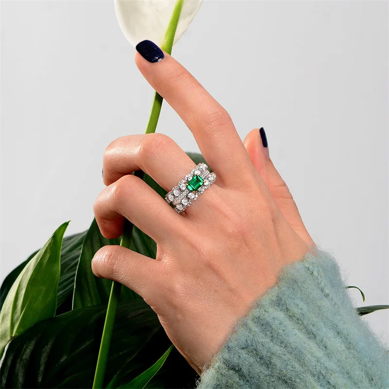 Huitan Temperament Green Cubic Zirconia Rings Geometric Shaped Fashion Luxury Wedding Party Women\'s Rings 2022 Trendy Jewelry