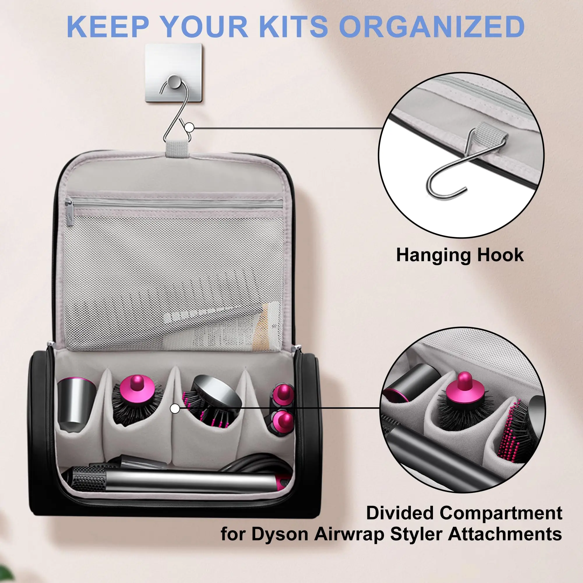 Travel Storage Case Organizer Compatible with Dyson Airwrap, Hair Dryer,4 Curling Barrels, 2 Smoothing Brushes, Volumizing Brush - view 3