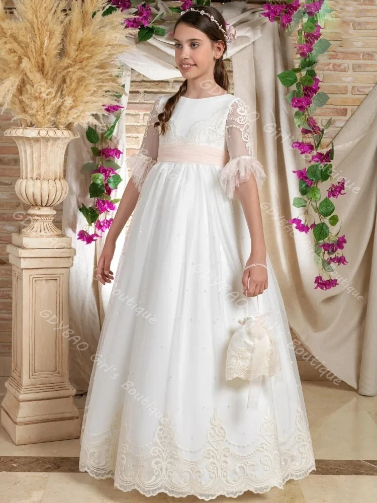 

White Princess Flower Girl Dress with Ribbon Sheer Back Half Sleeve Holy Communion Dress Lace Edge Customized Spanish Party Gown