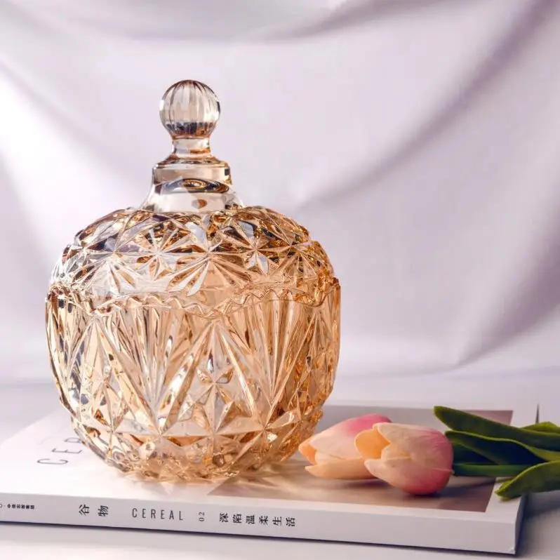 Elegant Round Food Storage Gold Glass Candy Pot Set Candy Candle Glass Jar with Lid for Snack Nuts