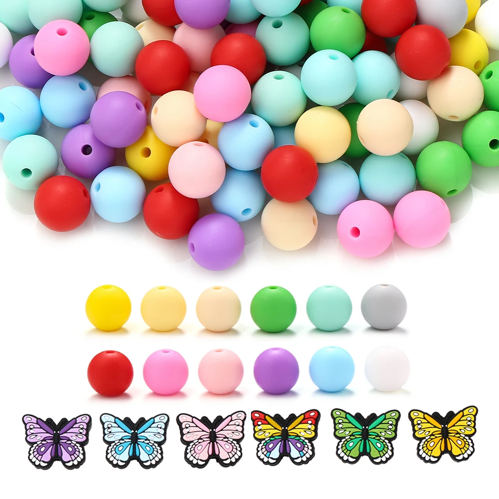 

66Pcs New Butterfly Silicone Beads Set Baby 15Mm Round Shape Teething Bead Teether Chew Toy Diy Pacifier Clips Chian Accessories