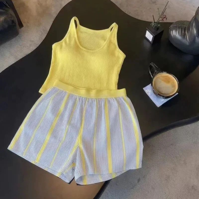 

Womens Korean Fresh Style Ribbed Knit Tank Top Striped Shorts Set Summer Daily Loungewear For Home Outdoor Wear