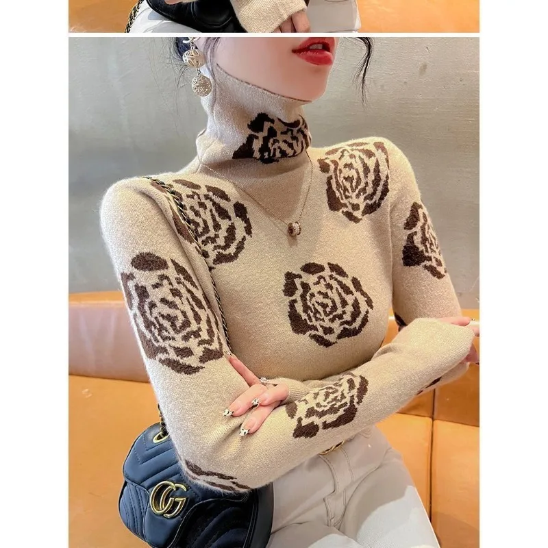 الخريف والشتاء ديف المخملية قاعدة المرأة الجديدة البلوز نصف السلاحف الرقبة طباعة المألوف تنوعا طويلة الأكمام تي شيرت #5