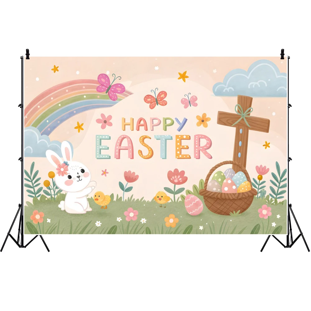 행복한 부활절 사진 배경 부활절 토끼 무지개 예수 십자가 종교적 배경 봄 파티 장식 배너