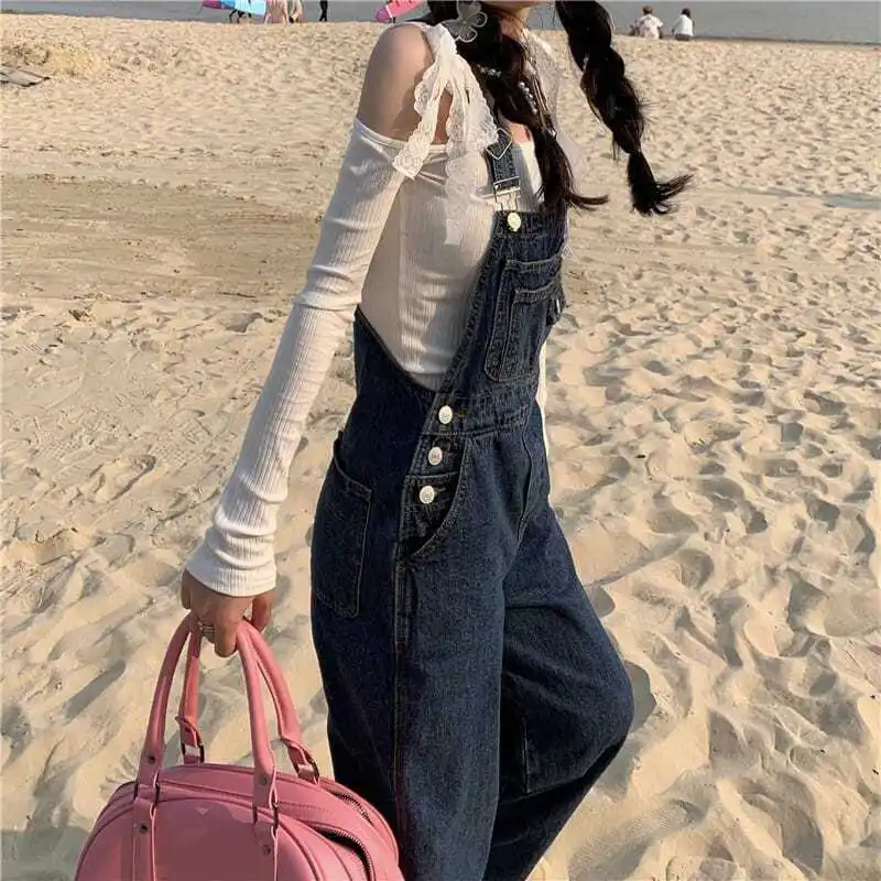 Tute di jeans vintage Donna Ulzzang Dolce per il tempo libero Studenti Tuta con cinturino Harajuku Streetwear Ins Style Distressed Full Length