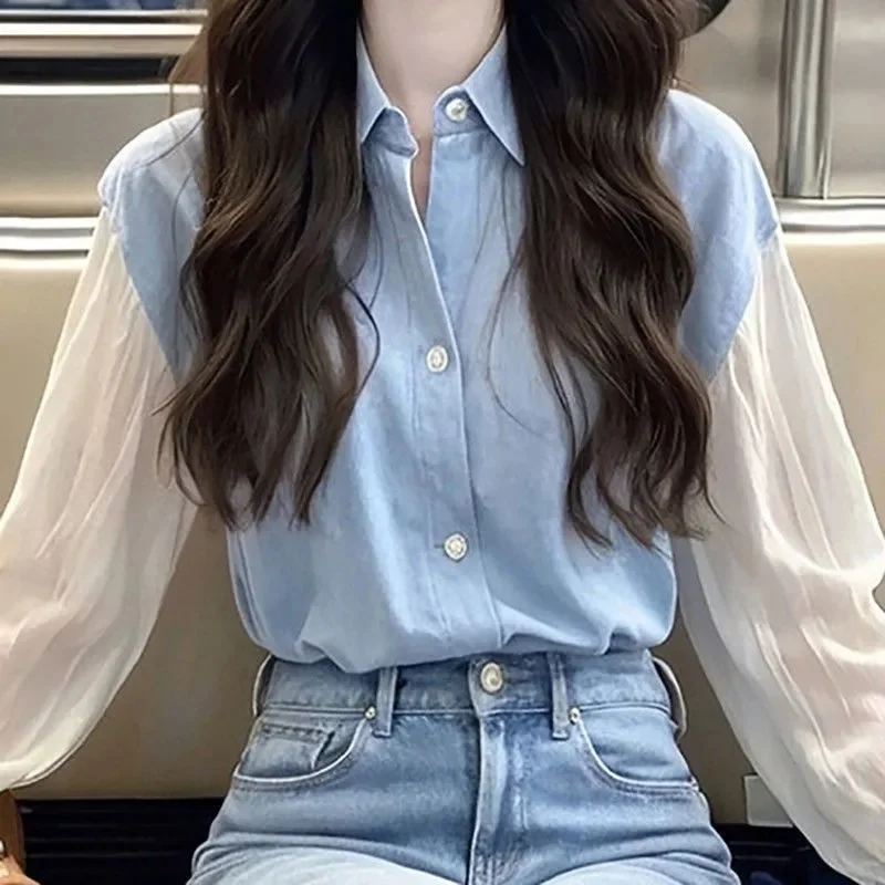 

Весенне-летняя темпераментная маленькая рубашка, высококачественное пальто с холодным молоком, популярная синяя рубашка с длинными рукавами