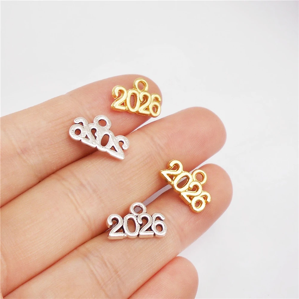 100pcs Gold&Silver Color Number 2026 Charm New Year Pendant Fashion Necklace Earring Bracelet Accessories Jewelry Making 14*9mm image 2