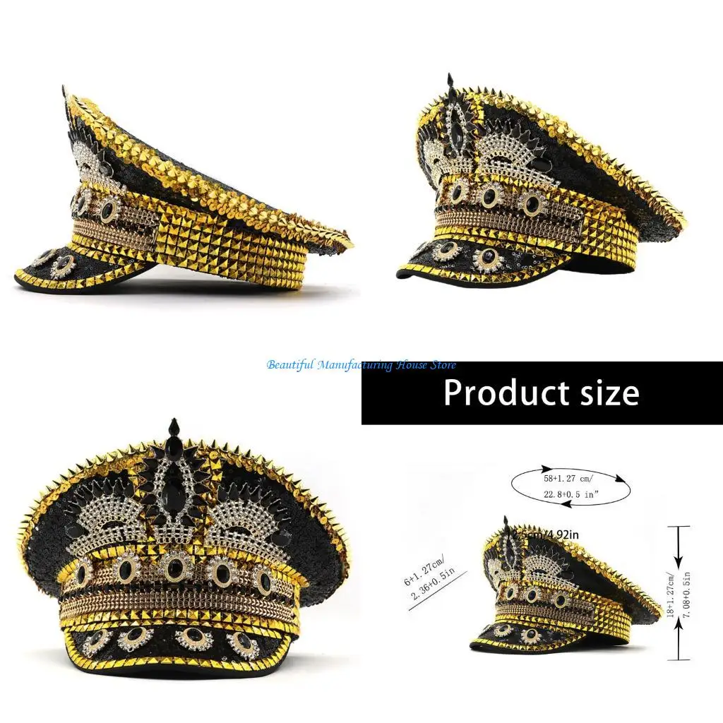 

E56A Unique Rivet Studs Marine Cap with Rhinestones Decors Cool Marine Hat for Various Formal Occasion Stage Show Photography