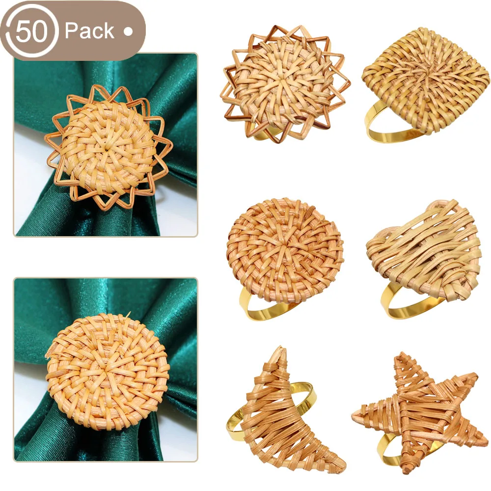 50Pcs Mixed Style Rattan Napkin Rings Set Handmade Napkin Holders Woven Serviette Buckles for Thanksgiving Party Table Decor