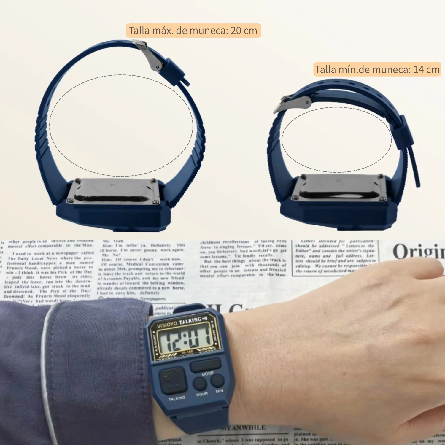 ساعة نقاش اسباني للمكفوفين وضعاف البصر، مع توقيت/إنذار مدمن، لكبار السن ومستخدمين منخفض الرؤية