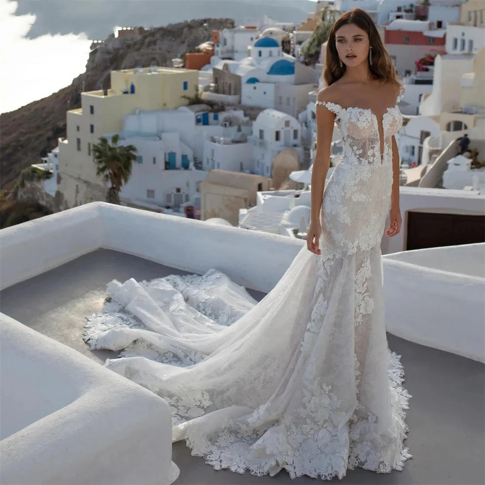 Exquisite Wedding Dresses Tulle Mermaid Lace Appliques Sweetheart Bridal Gowns Off The Shoulder Button Back Vestidos De Novia