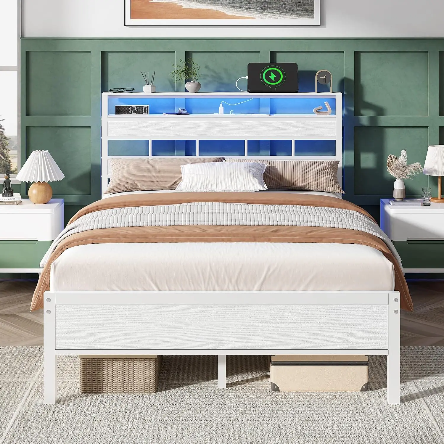 White Metal Bed Frame Storage Headboard LED Light USB Charger Full Size, Customized