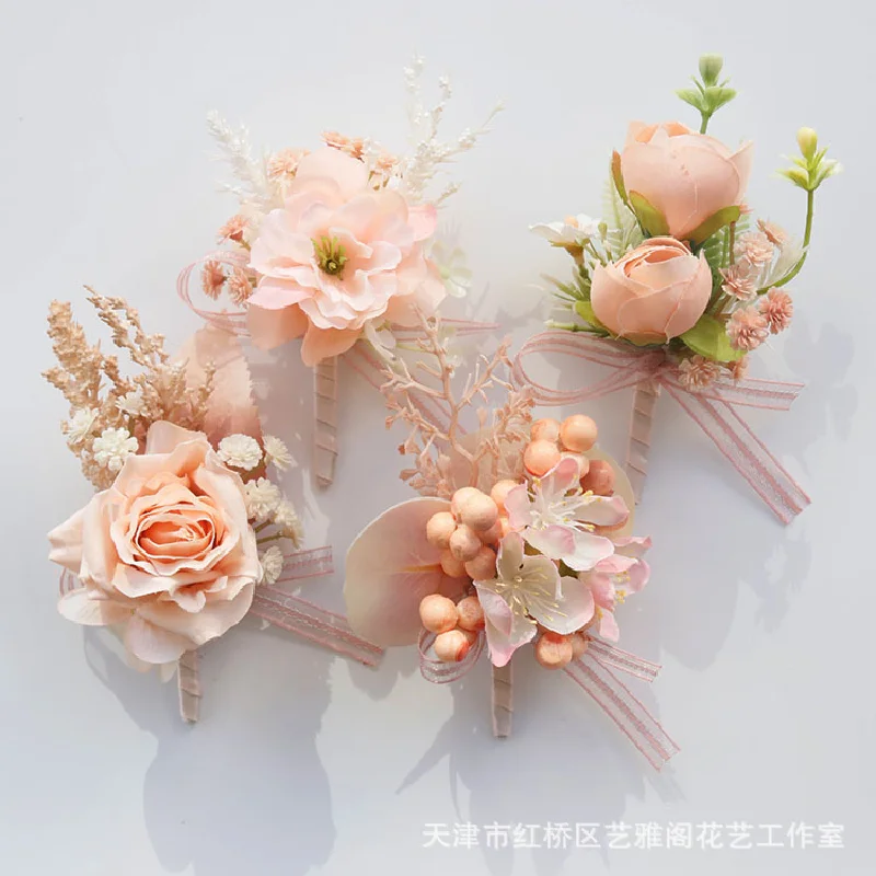 2404Wedding supplies banquet guest artificial flower bridegroom bride corsage hand honey peach pink