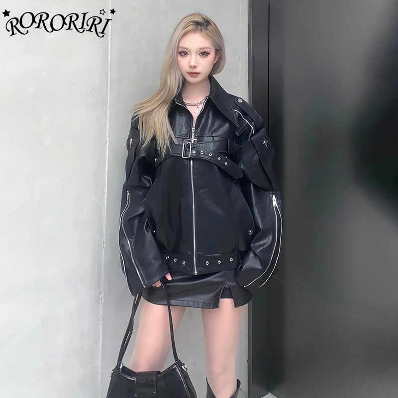 RORORIRI Women Zipper Black Cropped Leather Jacket Moto Deconstructed Eyelets Decor Belt Jacket Coat Retro High Street Outerwear