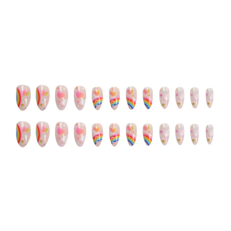 Rainbow Cloud Design Full Cover Nail Tips, unhas postiças de amêndoa longa, pressione as unhas, rosa, francês, verão, 24pcs set