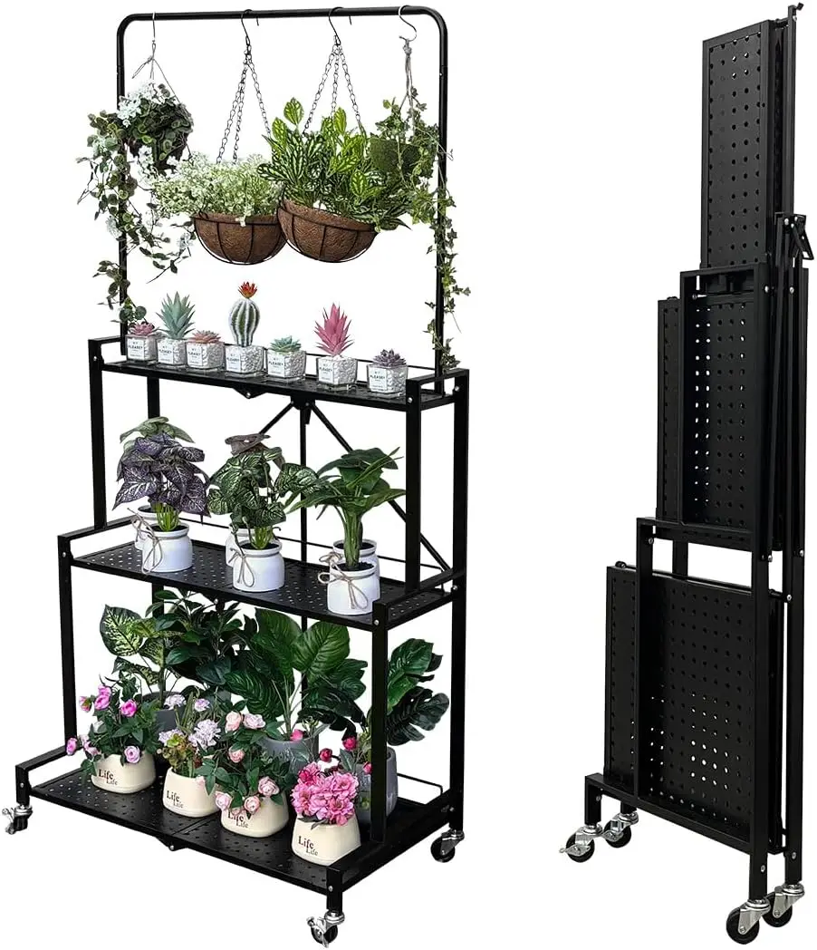 

Foldable 4-Tier Plant Stand Indoor Outdoor Hanging Plant Shelf No Assembly Required Pot Placement Area With Wheels Sturdy