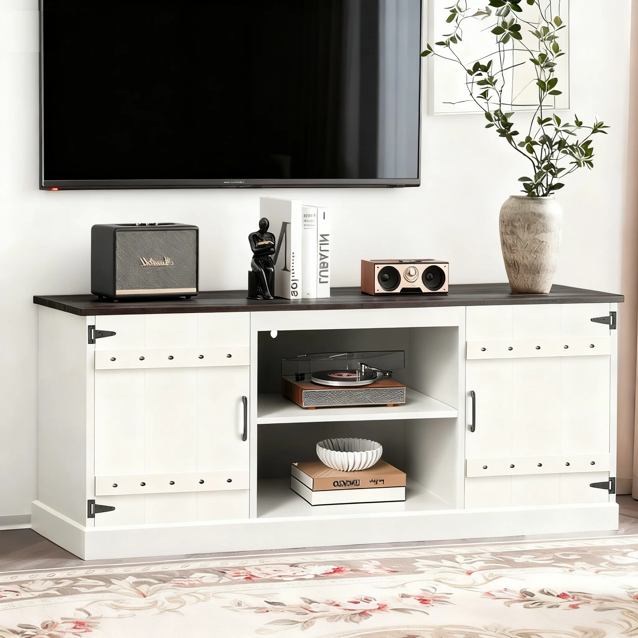 2 Hidden Cabinets Barn Doors Cable Management Modern Farmhouse Sturdy Engineered Wood White Media Console TV Stand