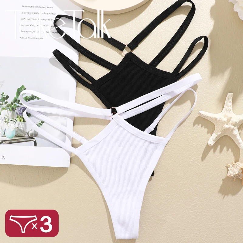 Women Cotton Panties Sexy Low Rise Hollow Out Waist G-String Thongs Ring Link Two Belts Breathable Underwear for Female Lingerie