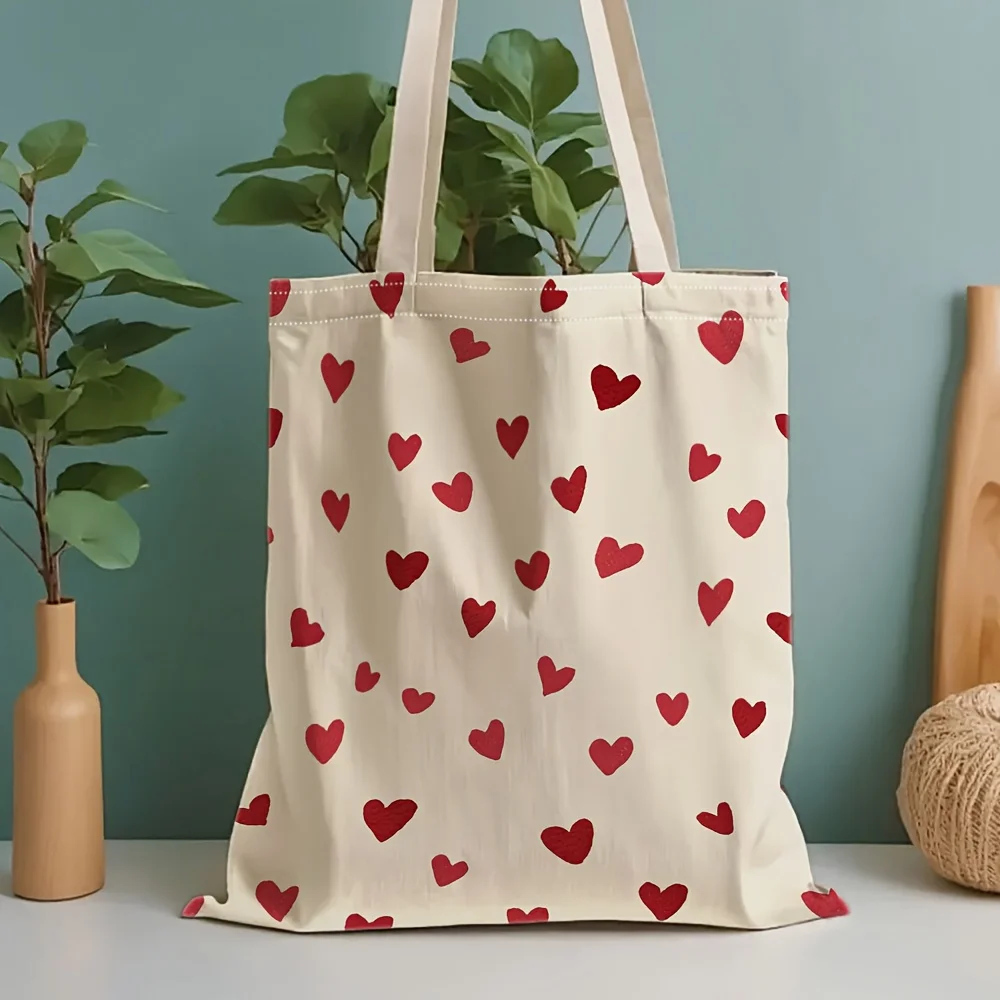 A Romantic heart pattern printed canvas tote bag, suitable for daily use, shopping, school, and travel