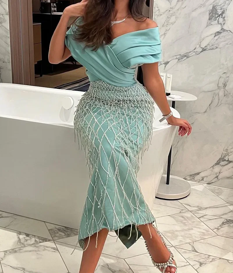 Classic Luxury Beades Tassels Robes de vestidos Turquoise Boat Neck Satin Mermaid Evening Dresses Prom Gowns Formal Occasion