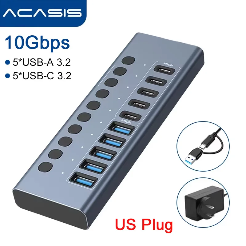 ACASIS USB 3.2 HUB met stroomvoorziening, 10 Gbps, 10/6 poorten, USB A/C-splitter met individuele schakelaars voor opladen en gegevensoverdracht, geschikt voor MacBook en laptops.