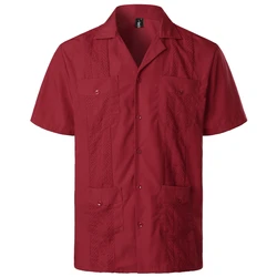 Orange Cuban Guayabera Shirt for Men's 2024 Short Sleeve Lapel Collar Shirt Male Embroidered Mexican Cigar Wedding Beach Shirt