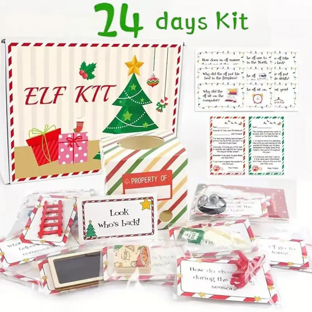 

24 Days Elf Doll Accessories Christmas Countdown Christmas Elf Adventure Prop Holiday Ladder Blackboard Greeting Card Toys Set