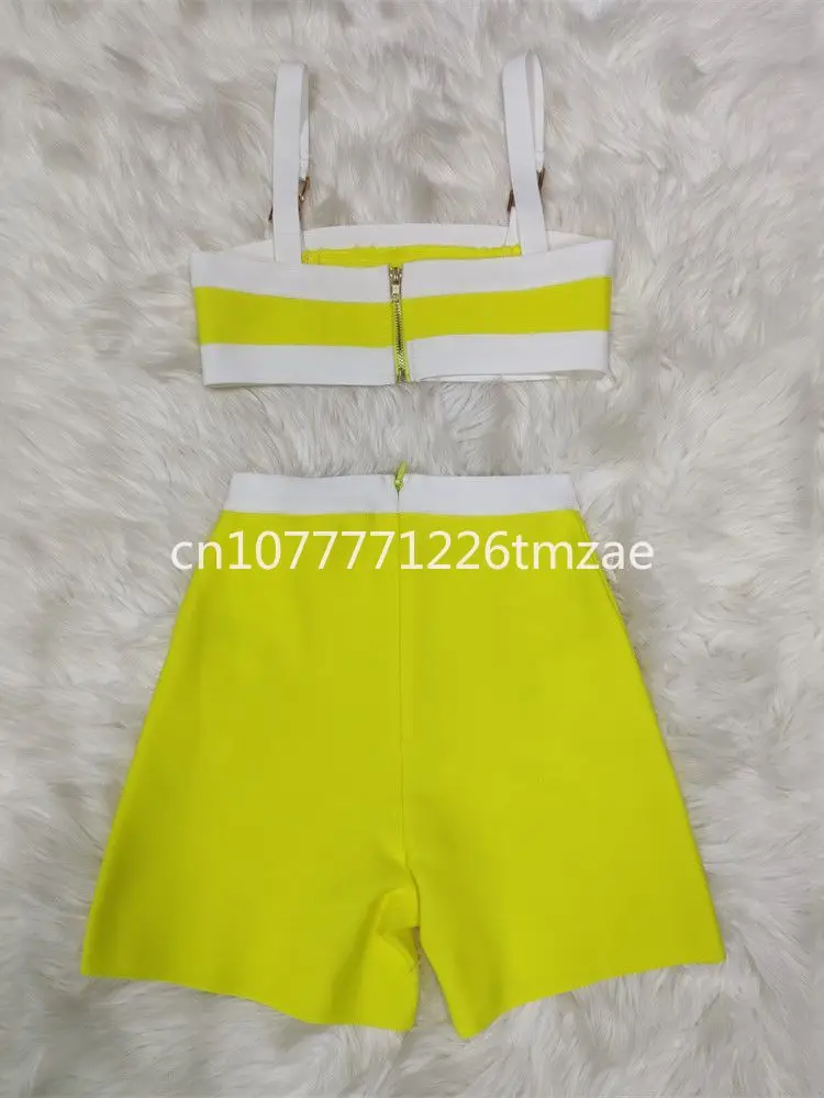 Tight Sexy Party 2 Piece Set Yellow 2024 New Women's Summer Sportswear Suit Shorts Short Top Button Patch Bandage Suit