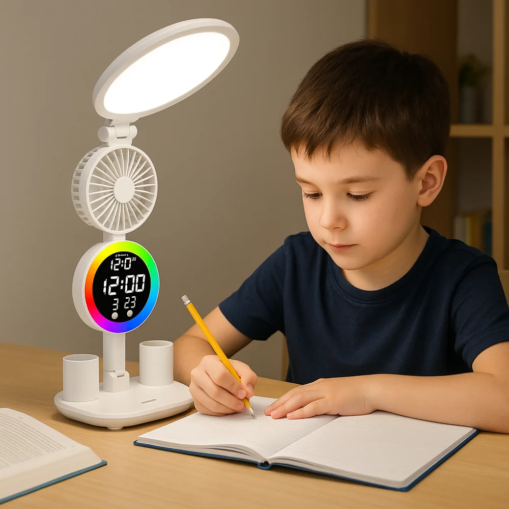 

3 Colors LED Table Lamp Touch Dimming Eye Protection Penholder Desk Lamp with Fan&Time Date Energy-Efficient