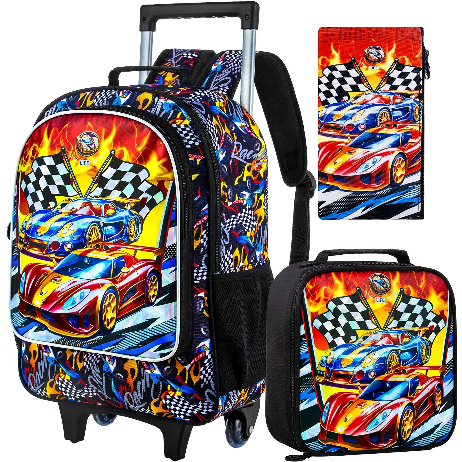 3PCS Rolling Backpack for Girls Boys, Kids Roller Wheeled Bookbag with Lunch Box, Backpacks with Wheels for Elementary