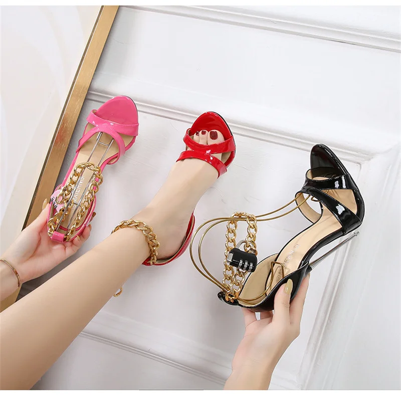 Fetish Sexy Chain Padlock Ankle Strap 16cm Extreme High Heels Metal Heel Sandals SM Cosplay Drag Queen Cross Dresser Unisex Shoe