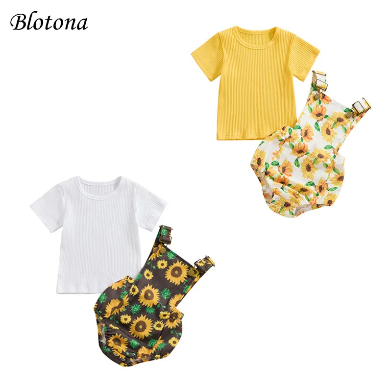 

Blotona Baby Girl 2 Piece Summer Set, Short Sleeve Ribbed Tops Sunflower Print Adjustable Overalls Toddler Outfits 0-24M