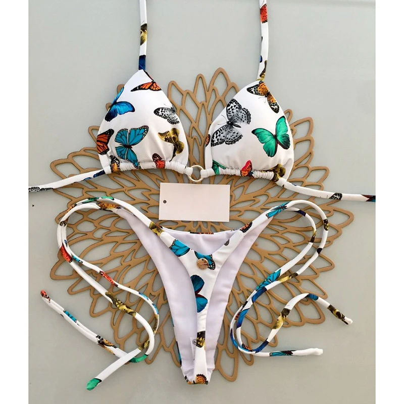 Modny strój kąpielowy bikini z nadrukiem, damski, trójkątny, wiązany na szyi, bandażowy, stringi, push-up, letni, nowy model 2025, seksowna odzież plażowa w stylu Spice Girls.