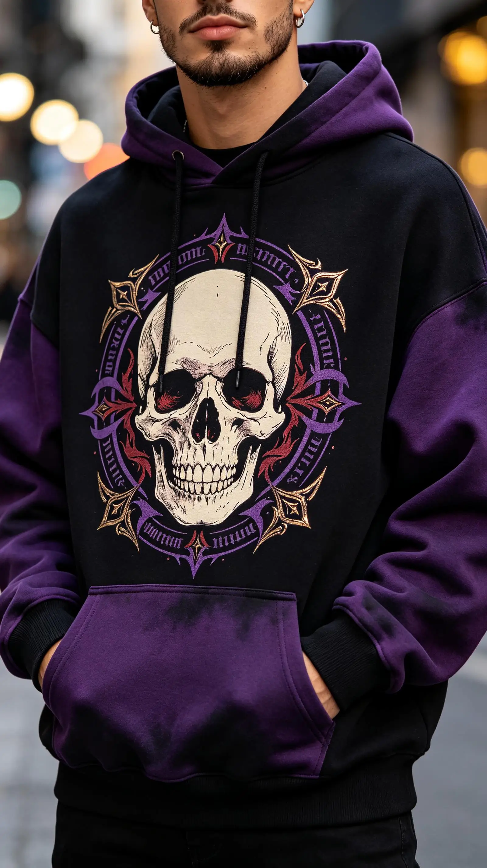 2026 Men Thin Sweatshirt Autumn Winter Color Block Hoodie Ornate Skull Decorative Frame Print Long Sleeve Male Pullover Tops