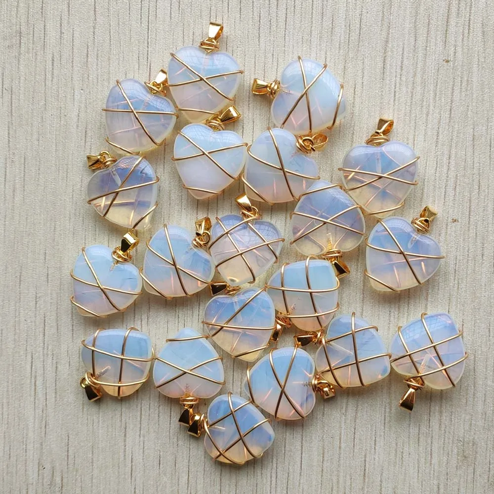 Natural Stone New Fashion gold Color copper Wire Wrap heart pendants 20mm for jewelry making 12pcs/lot Wholesale free shipping