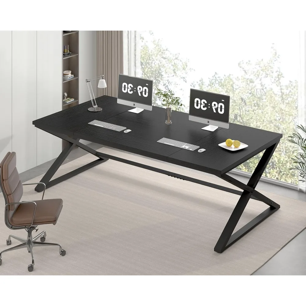 Large Black Computer Desk,  Long Writing Desk for Home Office, Modern Simple Executive Work Study Desk for Two Person
