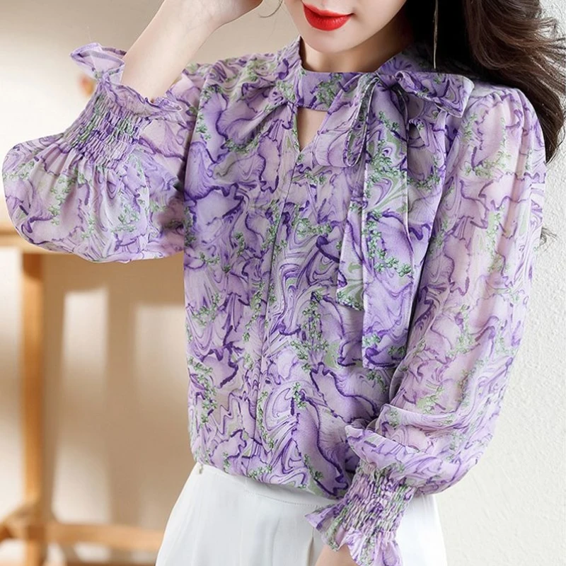 Women's Shirt And Blouse Floral Elegant Chic Promotion Fine High Quality Vintage Korean Popular Clothes 2025 Chiffon Female Tops