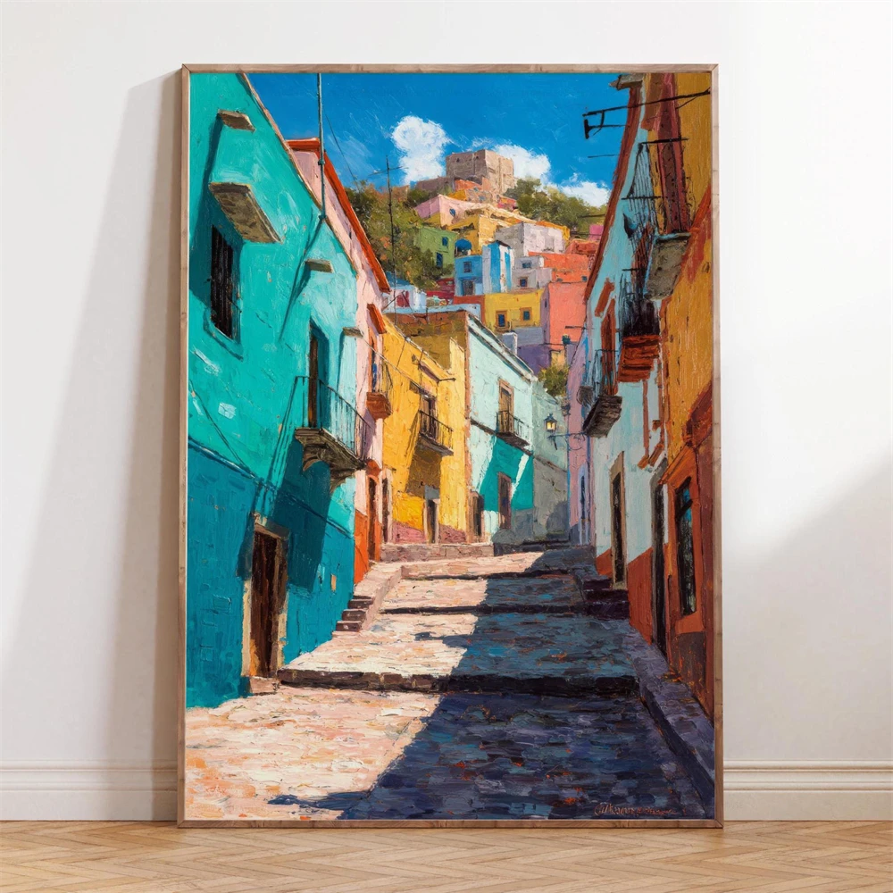 Guanajuato Villages Landscape Canvas Painting Mexican Countryside Art Prints Guanajuato Oil Painting Prints Colorful Decor