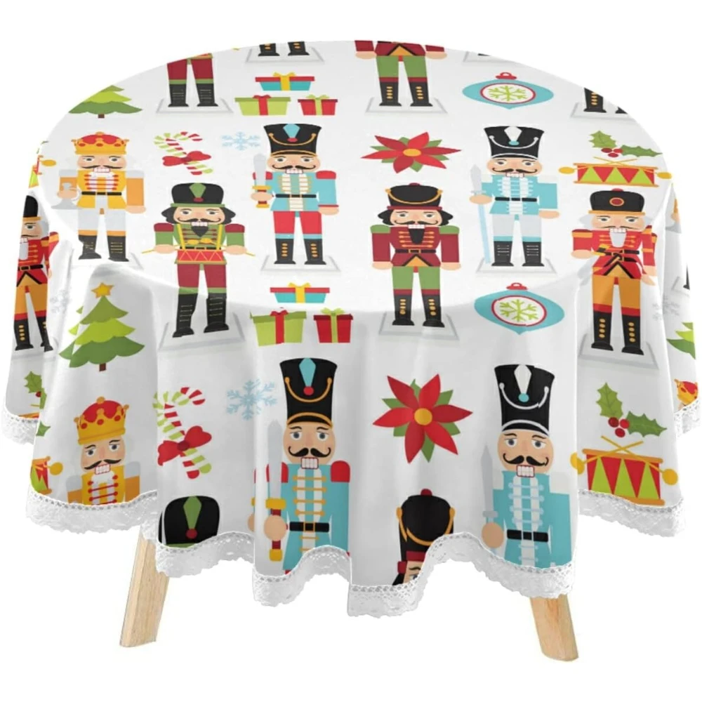 Xmas Funny Nutcrackers Round Tablecloth 60inch Indoor Wrinkle Free, Circular Lace Table Cover Washable for Kitchen Dining Decor