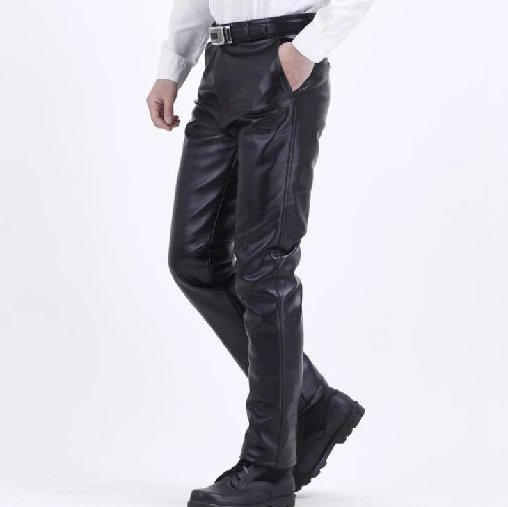 #2203 Winter Thick Warm Faux Leather Pants For Men Plus Size PU Leather Fleece Pants Fashion Motorcycle Joggers Windproof 29-46
