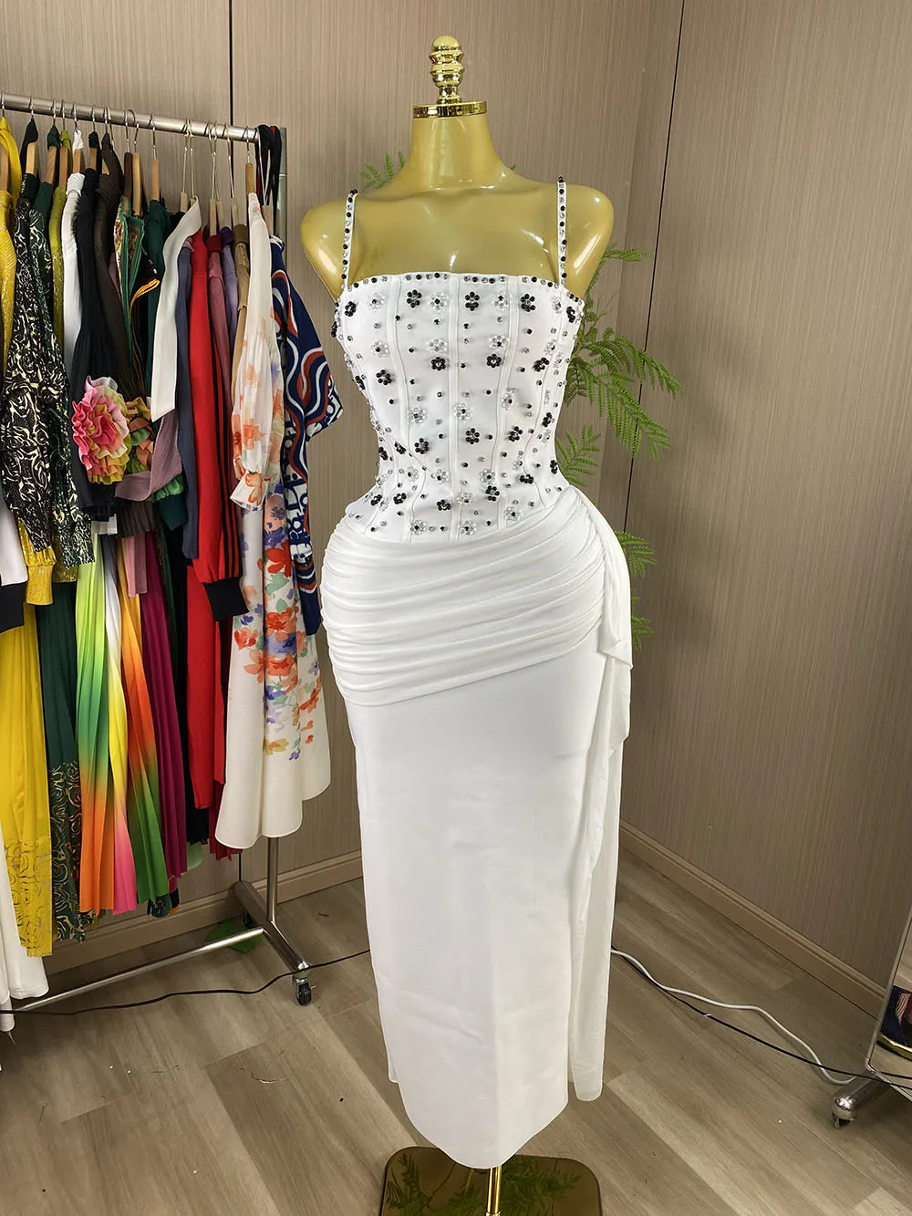 Women’s Sexy, Form-Fitting Evening Gown with Spaghetti Straps, Open Back, and Crystal-Beaded Detailing-GZXX1215