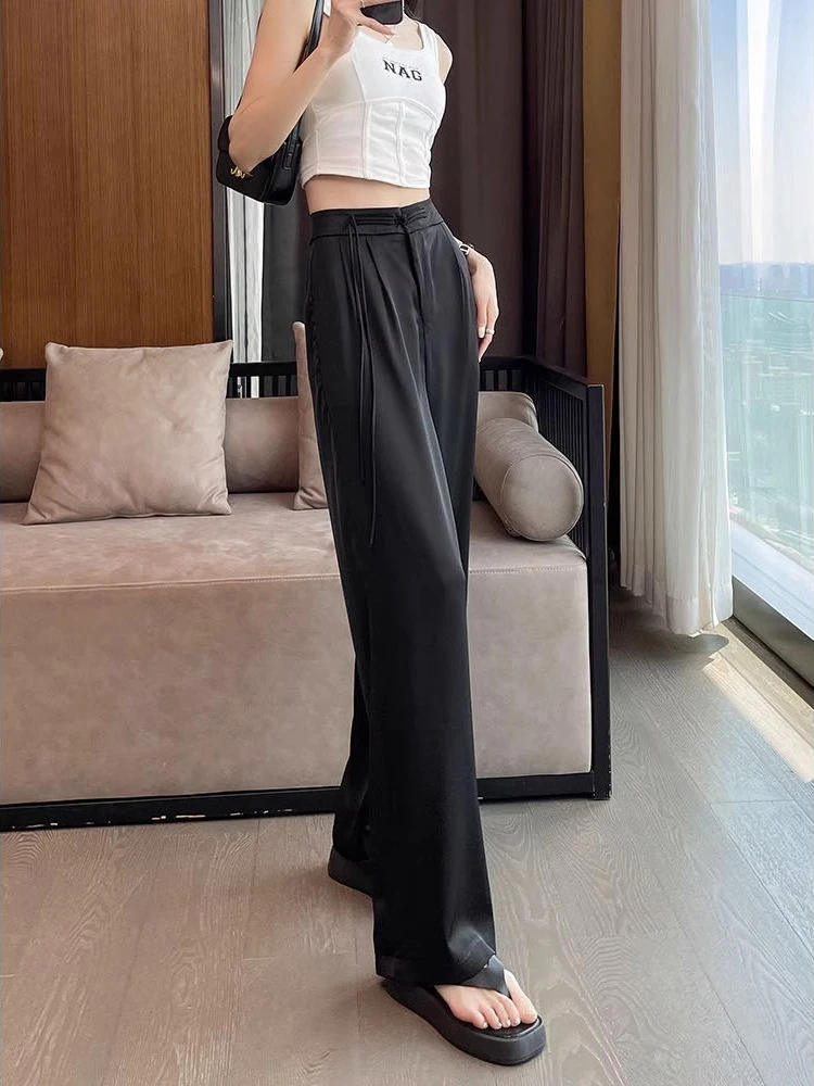 

2024 Black Satin Narrow Version Wide Leg Pants for Women Summer Thin High Waist Slim Chinese Style Button Sagging Straight Pants