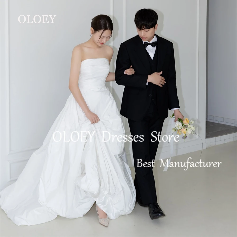 

OLOEY Elegant Strapless A Line Wedding Dress Korea Photoshoot Pleats Satin Bridal Gown Ivory Plus Size Floor Length Custom Made