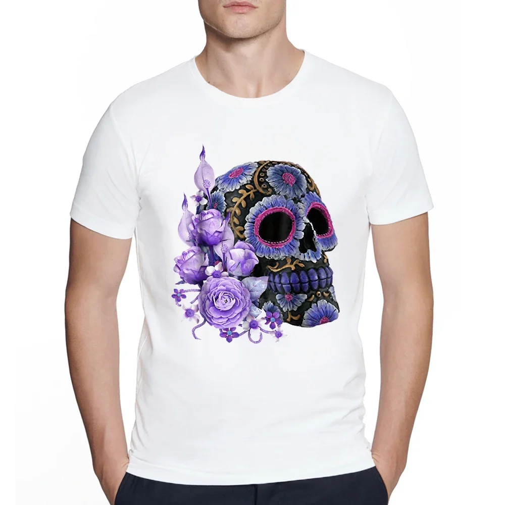 

Summer men short-sleeved Purple Floral Black Sugar Skull print T-shirt Harajuku casual tops T shirt fashion graphic male Tshirt